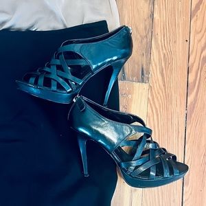 black leather platform cage heel